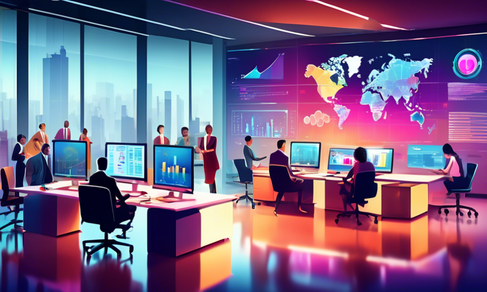 A dynamic office scene where diverse professionals collaborate around a sleek control center displaying sophisticated business intelligence dashboards, vibrant charts, and real-time data feeds. The at