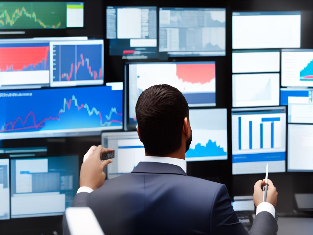 A businessman analyzing data on a digital screen