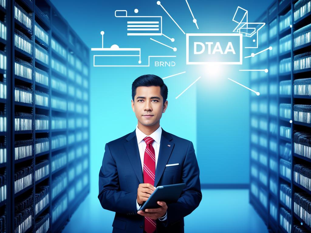 Illustration of a businessman looking at a data warehouse, representing the concept of data warehousing in business intelligence systems.