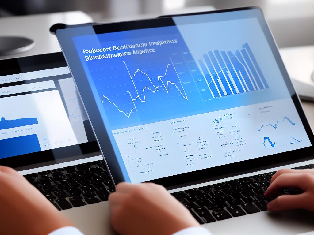 An image of a laptop with charts and graphs on the screen, representing the usage of business analytics and business intelligence for data analysis and decision-making in businesses