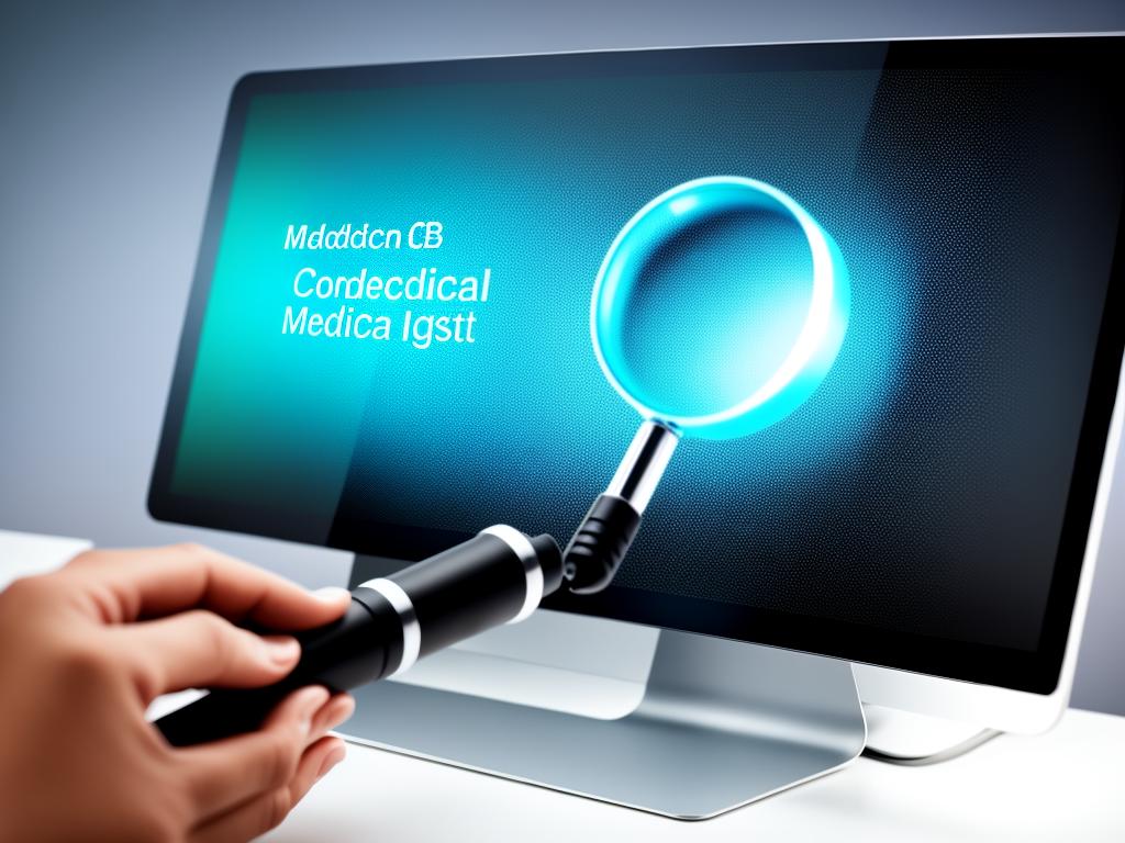Illustration of a person holding a magnifying glass over a computer screen with medical data.
