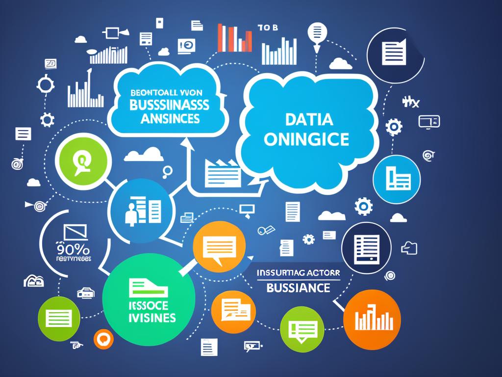 Illustration showing various data points being transformed into actionable insights through the use of Business Intelligence tools.
